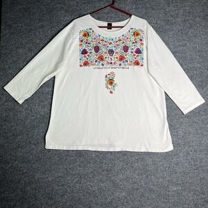 Sabaku Artwear Top Shirt XL Primavera Spring White Floral Art To Wear 3/4 Sleeve